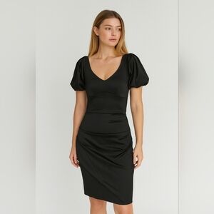 NWT Cache Satin Elegant Black Puff Sleeve Midi Dress Size 6